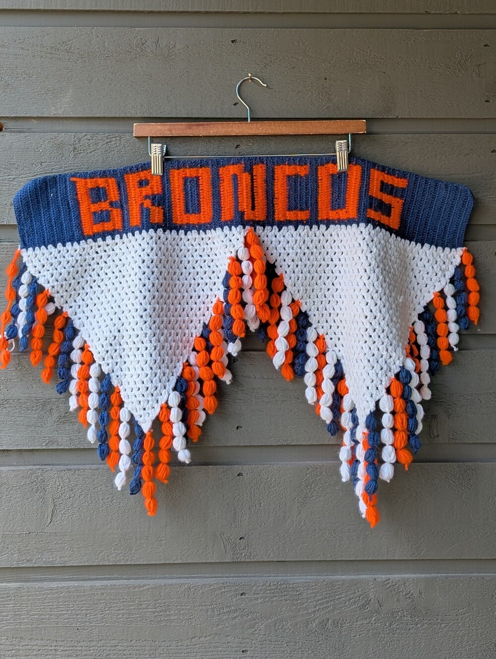 Handmade NFL Denver Broncos Knit Fringe Banner Blue Orange White